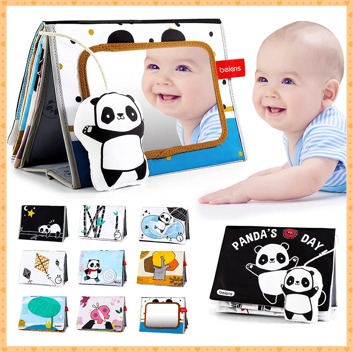 Baby looking at a beiens high contrast black and white book
